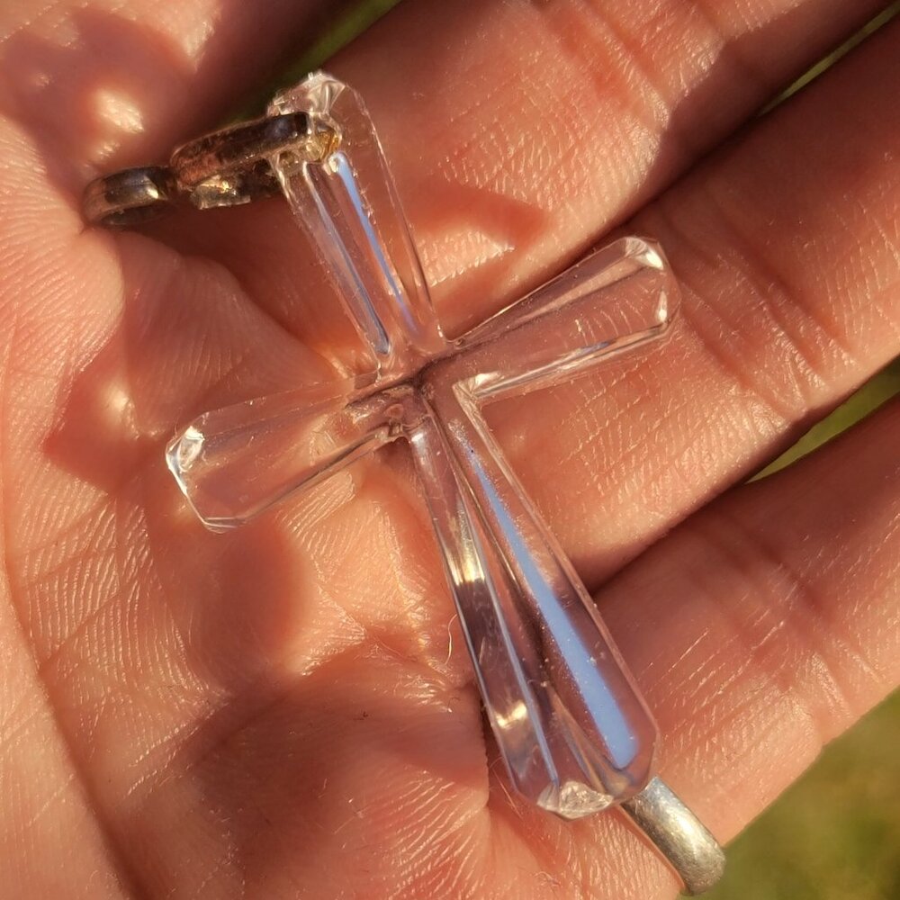 Vintage WATERFORD carved clear crystal 925 sterling silver necklace pendant